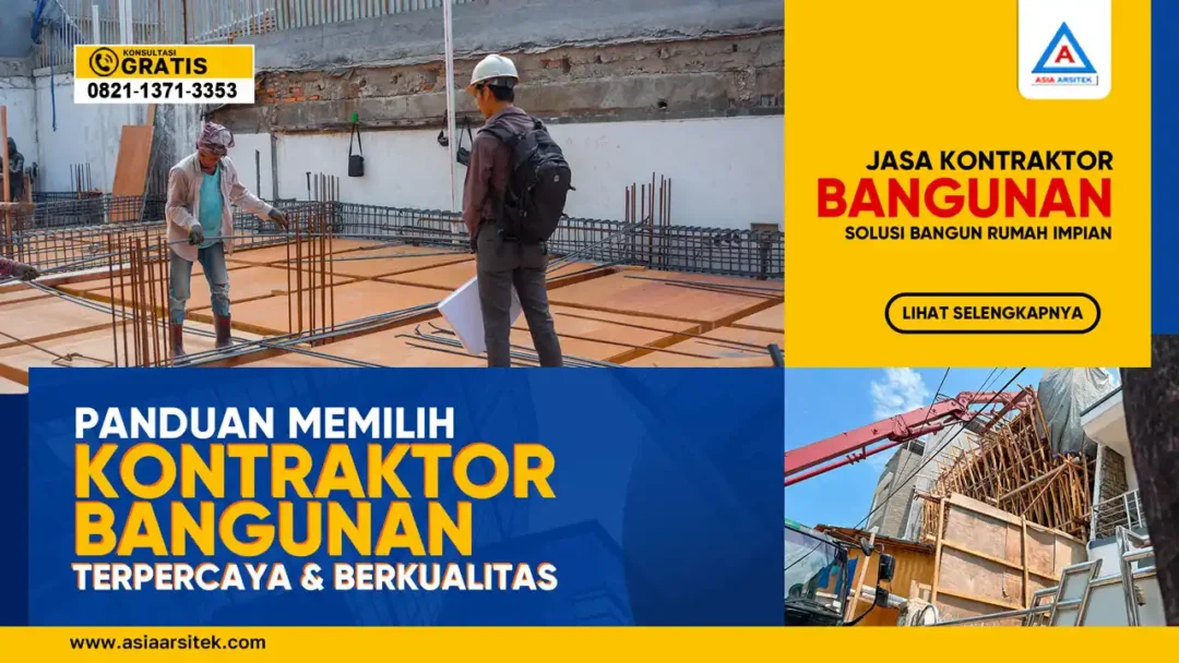 Panduan Memilih Kontraktor Bangunan Terpercaya dan Berkualitas – Ilustrasi pertemuan klien dan kontraktor dengan dokumen perjanjian kerja, portofolio proyek, serta tampilan bangunan yang sedang dikerjakan.