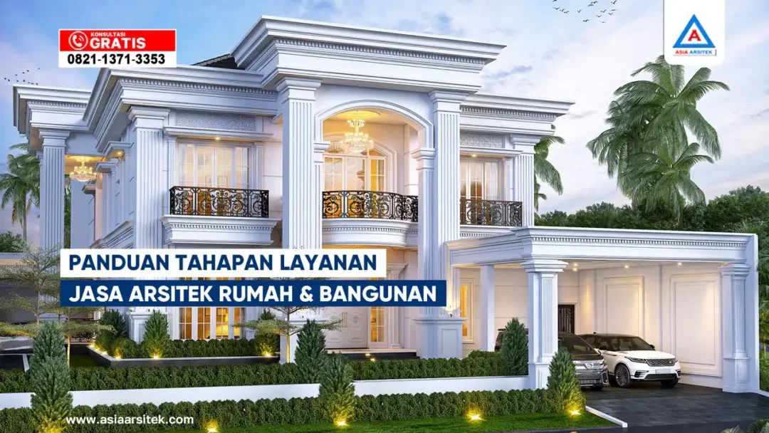 Panduan Tahapan Layanan Jasa Arsitek Rumah Bekasi – Ilustrasi alur layanan arsitek mulai dari desain konsep, gambar kerja, visualisasi 3D, hingga pendampingan pembangunan.