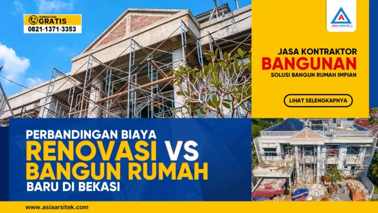Perbandingan Biaya Renovasi vs Bangun Rumah Baru di Bekasi – Ilustrasi dua opsi proyek rumah: satu dengan pekerjaan renovasi dan satu dengan pembangunan baru, lengkap dengan estimasi anggaran dan kondisi lapangan.
