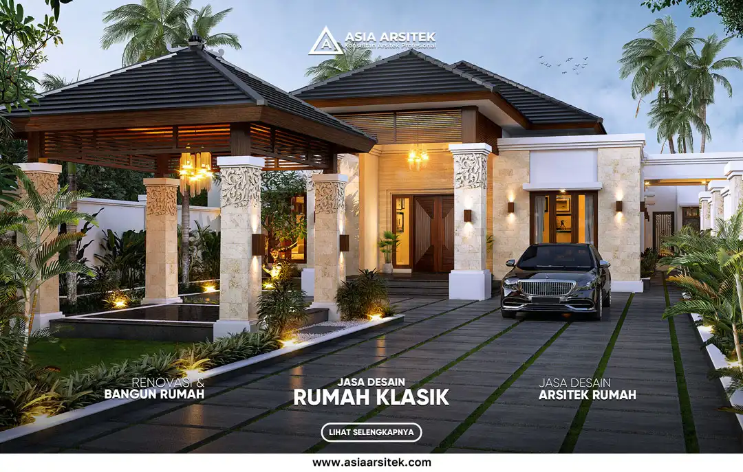 5 Inspirasi Desain Rumah Klasik Khas Indonesia yang Elegan dan Fungsional – Ilustrasi rumah klasik Indonesia dengan ornamen tradisional, pilar megah, ventilasi alami, dan tata ruang fungsional yang menyatu dengan nuansa lokal.