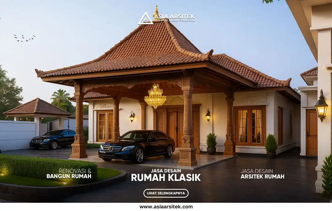 5 Inspirasi Desain Rumah Klasik Khas Indonesia yang Elegan dan Fungsional – Ilustrasi rumah klasik Indonesia dengan ornamen tradisional, pilar megah, ventilasi alami, dan tata ruang fungsional yang menyatu dengan nuansa lokal.