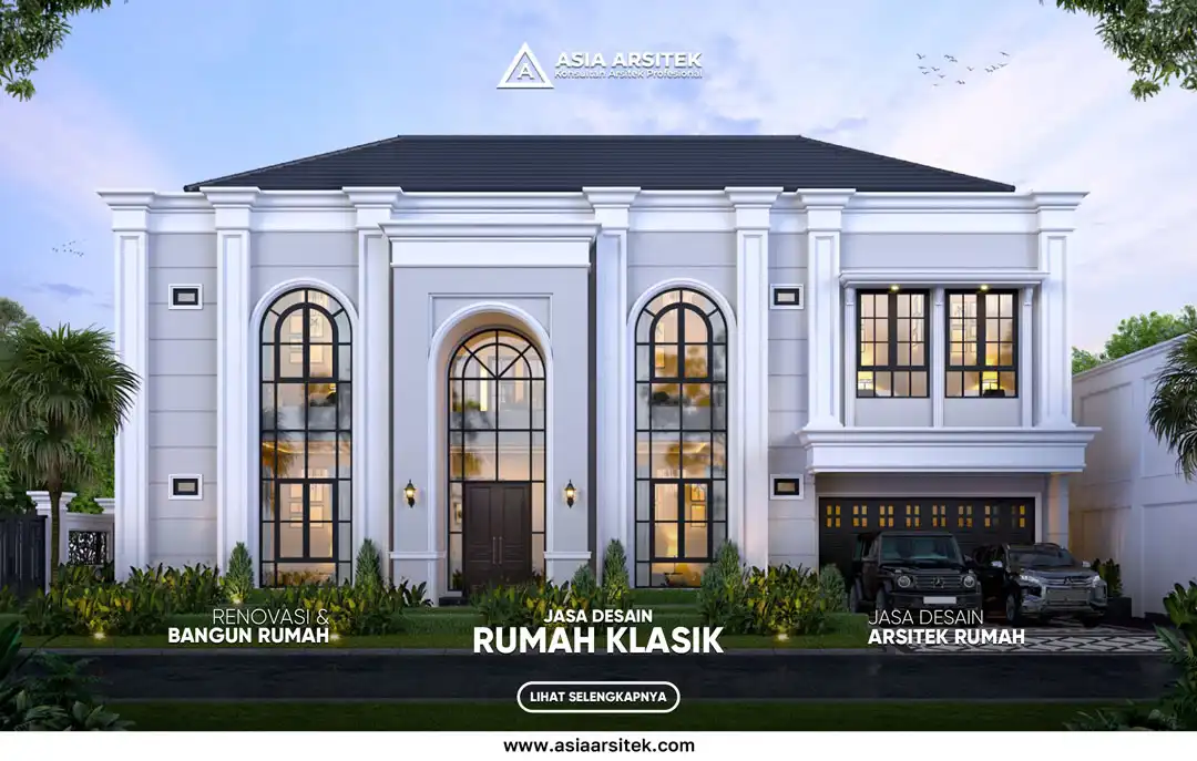 5 Inspirasi Desain Rumah Klasik Khas Indonesia yang Elegan dan Fungsional – Ilustrasi rumah klasik Indonesia dengan ornamen tradisional, pilar megah, ventilasi alami, dan tata ruang fungsional yang menyatu dengan nuansa lokal.