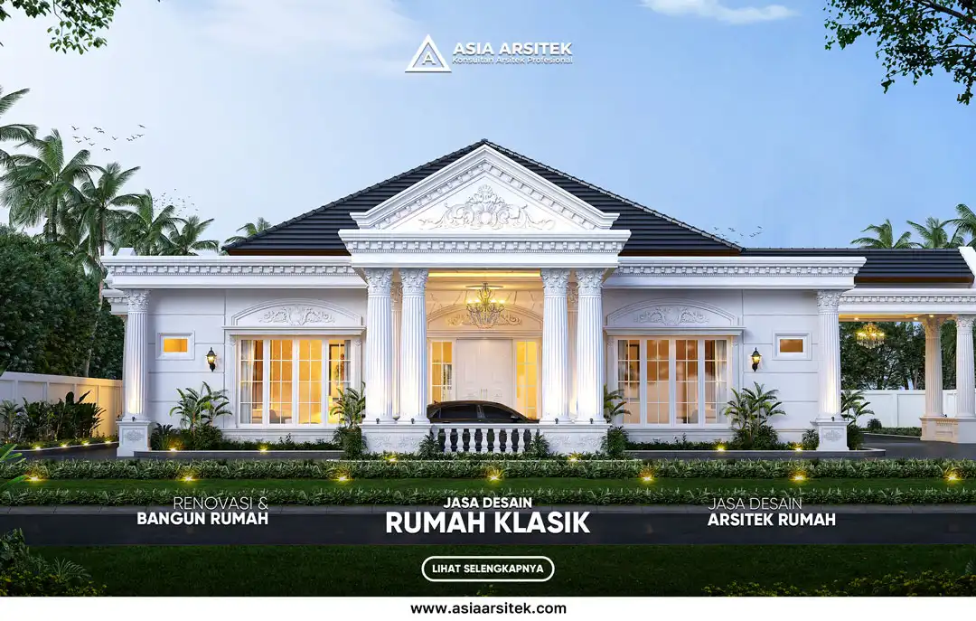 5 Inspirasi Desain Rumah Klasik Khas Indonesia yang Elegan dan Fungsional – Ilustrasi rumah klasik Indonesia dengan ornamen tradisional, pilar megah, ventilasi alami, dan tata ruang fungsional yang menyatu dengan nuansa lokal.