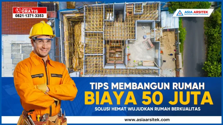 Tips Membangun Rumah Dengan Biaya 50 Juta – Ilustrasi rumah minimalis sederhana dengan desain efisien dan material terjangkau di lahan terbatas.