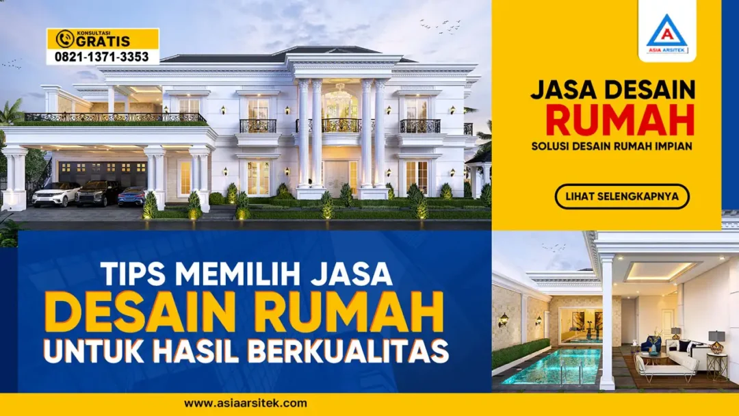 Tips Memilih Jasa Desain Rumah untuk Hasil Desain Berkualitas – Ilustrasi proses pemilihan jasa desain rumah dengan portofolio arsitektur modern dan sketsa denah profesional.