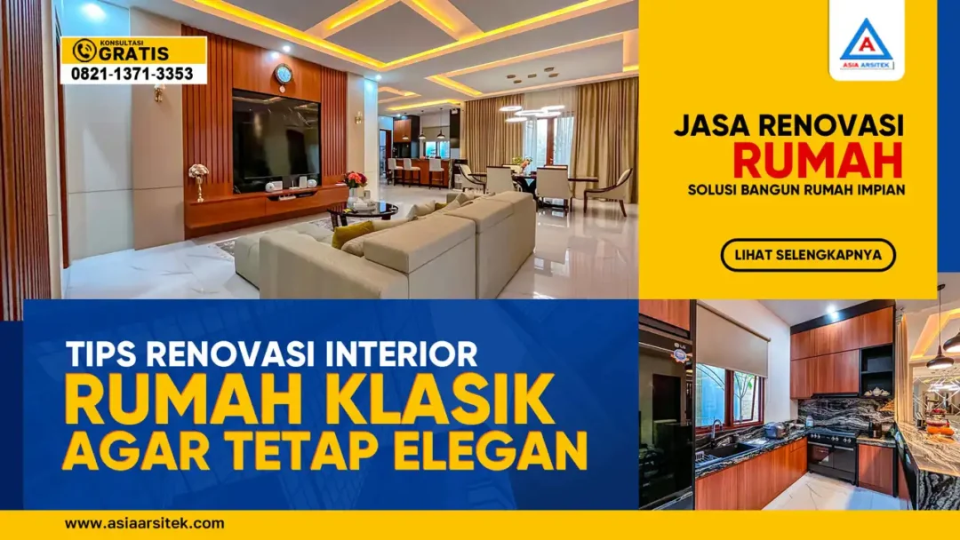 Tips Renovasi Interior Rumah Klasik Agar Tetap Elegan – Ilustrasi ruang klasik dengan elemen kayu, ornamen profil, dan sentuhan modern yang mempertahankan keanggunan interior rumah klasik.