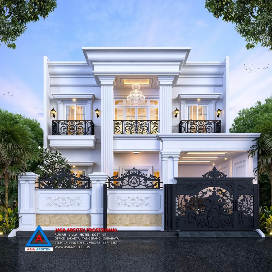 tampak depan Jasa Arsitek Desain Rumah Klasik 2 Lantai di Kebon Jeruk Jakarta Barat, jasa desain rumah, jasa arsitek rumah, jasa desain interior, jasa desain rumah Jakarta Barat, jasa arsitek rumah Jakarta Barat, jasa arsitek Jakarta Barat