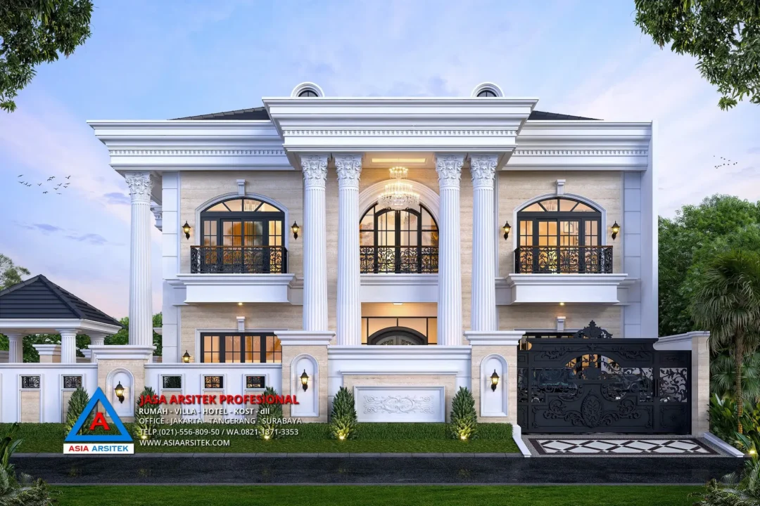 tampak depan Jasa Arsitek Desain Rumah Klasik 2 Lantai di Tambun Bekasi, jasa desain rumah, jasa arsitek rumah, jasa desain interior, jasa desain rumah Bekasi, jasa arsitek rumah Bekasi, jasa arsitek Bekasi