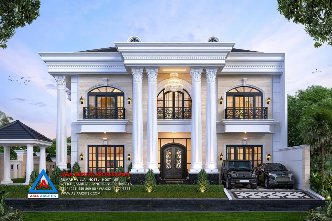 view depan Jasa Arsitek Desain Rumah Klasik 2 Lantai di Tambun Bekasi, jasa desain rumah, jasa arsitek rumah, jasa desain interior, jasa desain rumah Bekasi, jasa arsitek rumah Bekasi, jasa arsitek Bekasi