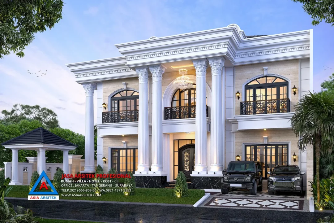 fasad Jasa Arsitek Desain Rumah Klasik 2 Lantai di Tambun Bekasi, jasa desain rumah, jasa arsitek rumah, jasa desain interior, jasa desain rumah Bekasi, jasa arsitek rumah Bekasi, jasa arsitek Bekasi