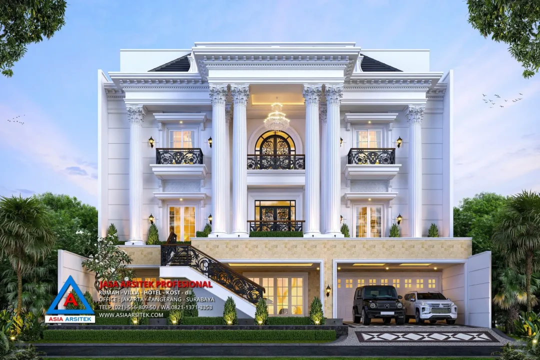 fasad Jasa Arsitek Desain Rumah Klasik 4 Lantai di Kelapa Gading Jakarta Utara, jasa desain rumah, jasa arsitek rumah, jasa desain interior, jasa desain rumah Jakarta Utara, jasa arsitek rumah Jakarta Utara, jasa arsitek Jakarta Utara