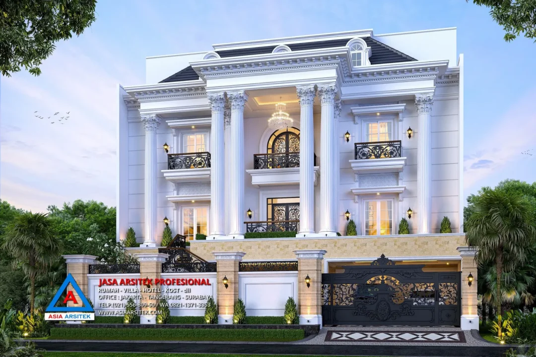 view depan Jasa Arsitek Desain Rumah Klasik 4 Lantai di Kelapa Gading Jakarta Utara, jasa desain rumah, jasa arsitek rumah, jasa desain interior, jasa desain rumah Jakarta Utara, jasa arsitek rumah Jakarta Utara, jasa arsitek Jakarta Utara