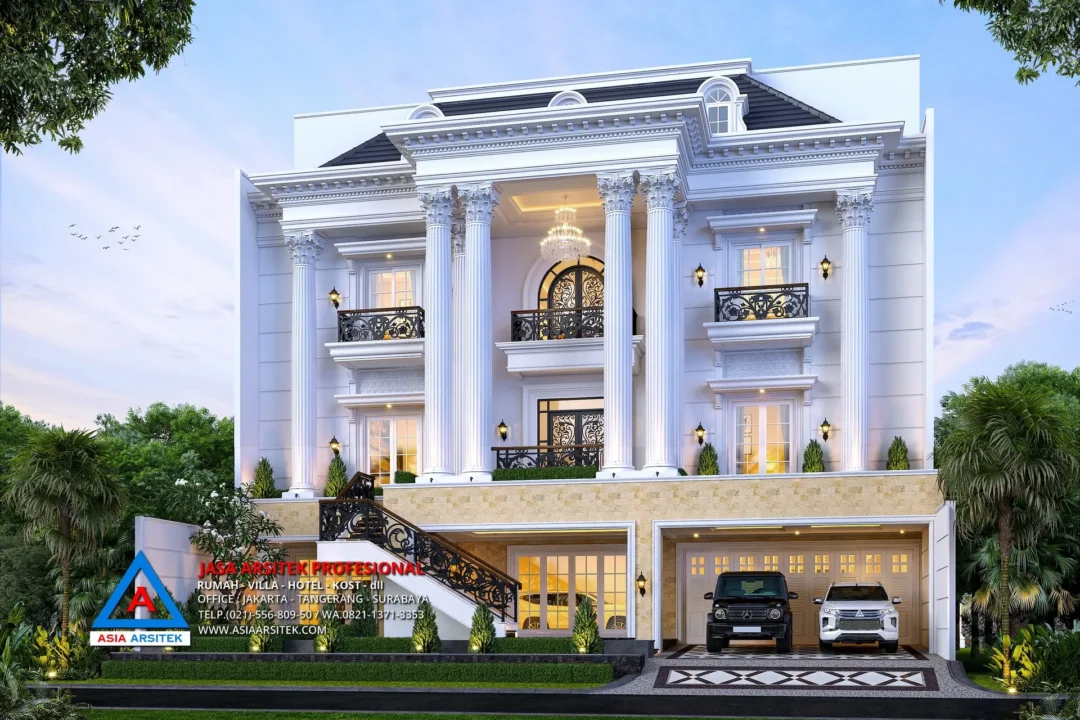 fasad Jasa Arsitek Desain Rumah Klasik 4 Lantai di Kelapa Gading Jakarta Utara, jasa desain rumah, jasa arsitek rumah, jasa desain interior, jasa desain rumah Jakarta Utara, jasa arsitek rumah Jakarta Utara, jasa arsitek Jakarta Utara