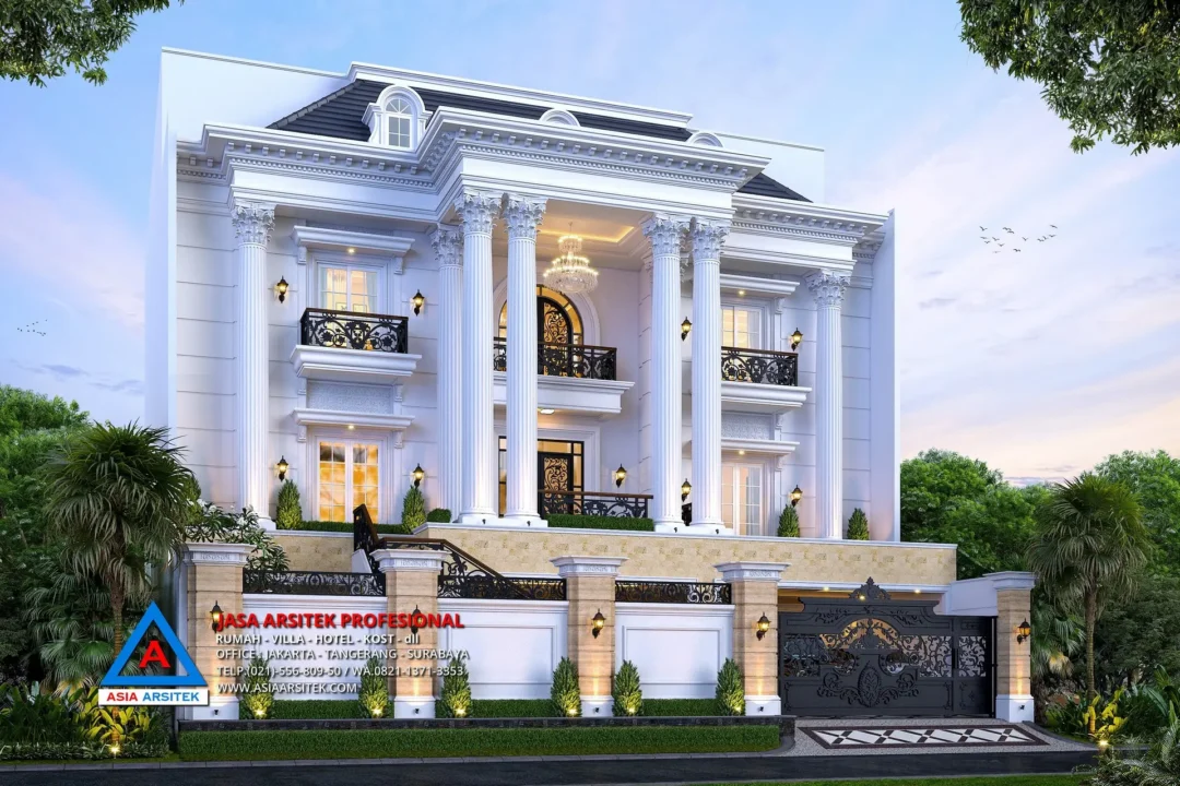depan kiri Jasa Arsitek Desain Rumah Klasik 4 Lantai di Kelapa Gading Jakarta Utara, jasa desain rumah, jasa arsitek rumah, jasa desain interior, jasa desain rumah Jakarta Utara, jasa arsitek rumah Jakarta Utara, jasa arsitek Jakarta Utara