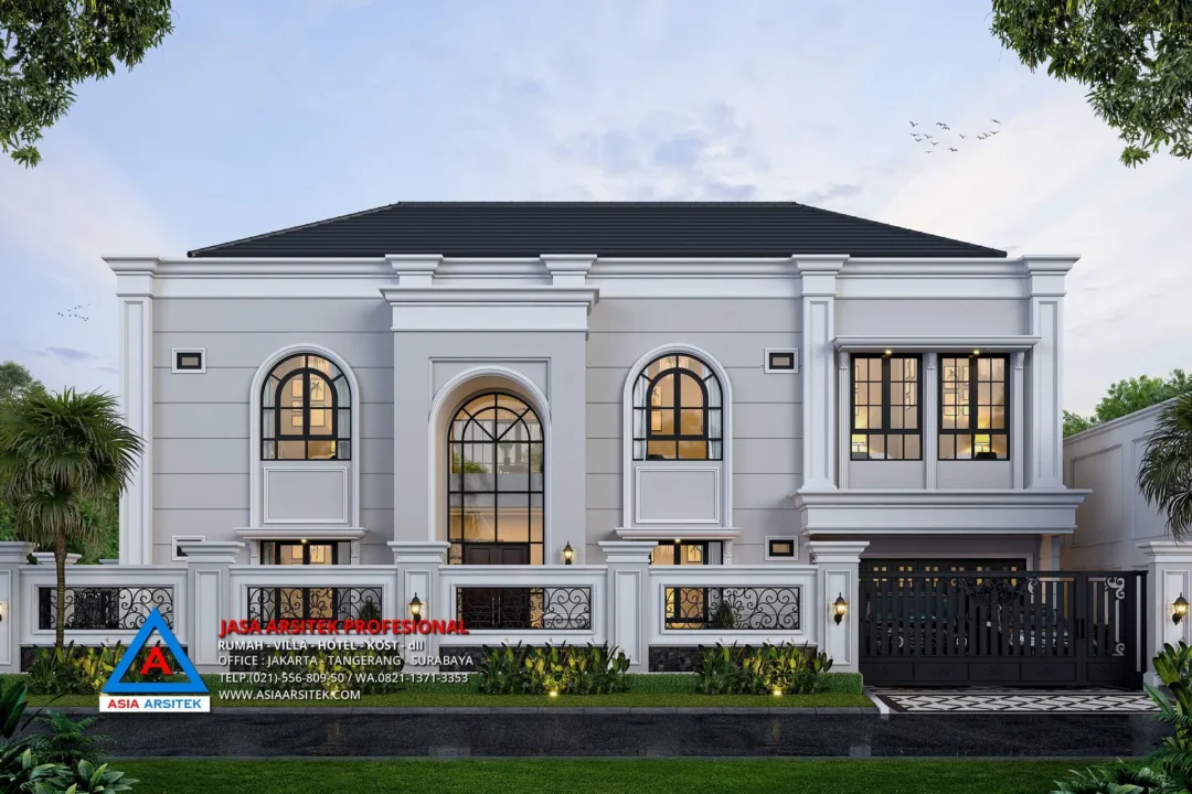tampak depan Jasa Arsitek Desain Rumah Mediterania 2 Lantai di Pesanggrahan Jakarta Selatan, jasa desain rumah, jasa arsitek rumah, jasa desain interior, jasa desain rumah Jakarta Selatan, jasa arsitek rumah Jakarta Selatan, jasa arsitek Jakarta Selatan