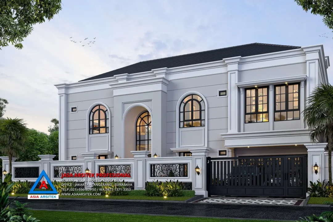 view depan dengan pagar Jasa Arsitek Desain Rumah Mediterania 2 Lantai di Pesanggrahan Jakarta Selatan, jasa desain rumah, jasa arsitek rumah, jasa desain interior, jasa desain rumah Jakarta Selatan, jasa arsitek rumah Jakarta Selatan, jasa arsitek Jakarta Selatan