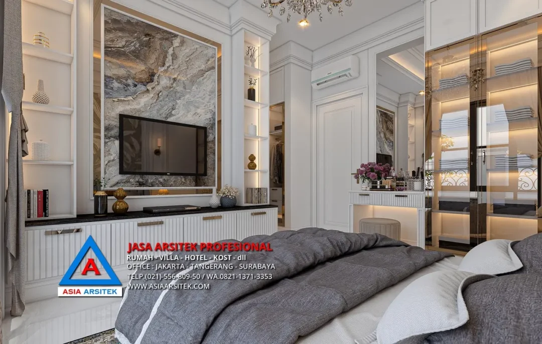 kamar utama Jasa Arsitek Desain Rumah Mediterania 2 Lantai di Pesanggrahan Jakarta Selatan, jasa desain rumah, jasa arsitek rumah, jasa desain interior, jasa desain rumah Jakarta Selatan, jasa arsitek rumah Jakarta Selatan, jasa arsitek Jakarta Selatan