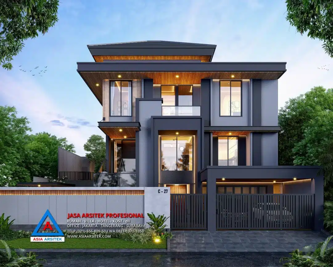 view depan Jasa Arsitek Desain Rumah Modern 2 Lantai di BSD, jasa desain rumah, jasa arsitek rumah, jasa desain interior, jasa desain rumah BSD, jasa arsitek rumah BSD, jasa arsitek BSD