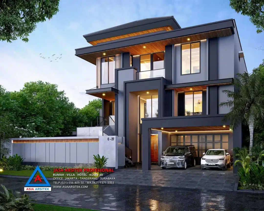 tampak depan Jasa Arsitek Desain Rumah Modern 2 Lantai di BSD, jasa desain rumah, jasa arsitek rumah, jasa desain interior, jasa desain rumah BSD, jasa arsitek rumah BSD, jasa arsitek BSD