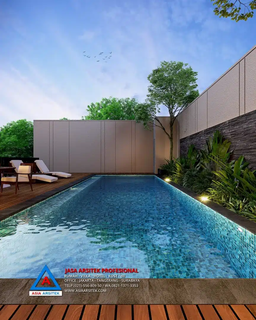 view kolam renang Jasa Arsitek Desain Rumah Modern 2 Lantai di BSD, jasa desain rumah, jasa arsitek rumah, jasa desain interior, jasa desain rumah BSD, jasa arsitek rumah BSD, jasa arsitek BSD