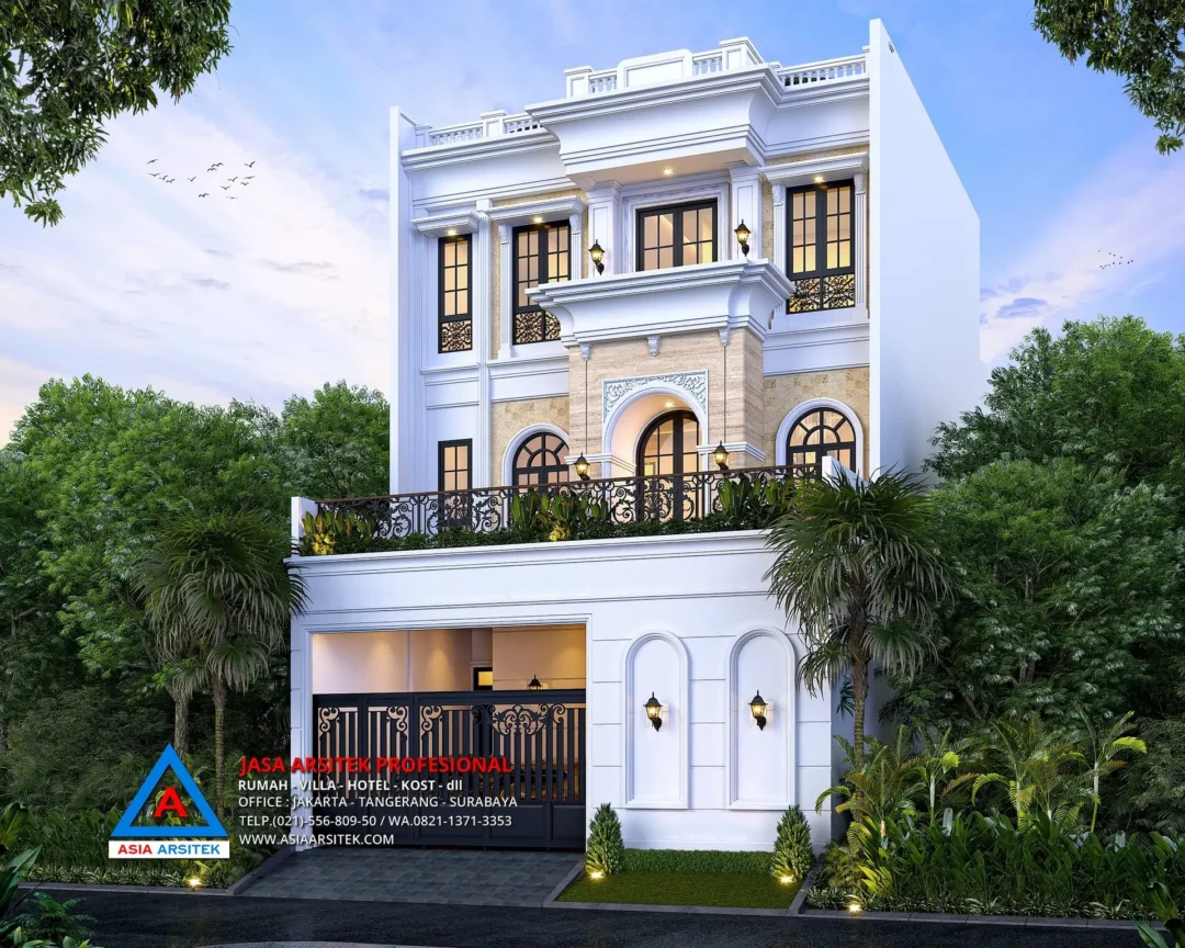 tampak depan Jasa Arsitek Desain Rumah Tropis 3 Lantai di Sunter Jakarta Utara, jasa desain rumah, jasa arsitek rumah, jasa desain interior, jasa desain rumah Sunter Jakarta Utara, jasa arsitek rumah Sunter Jakarta Utara, jasa arsitek Sunter Jakarta Utara