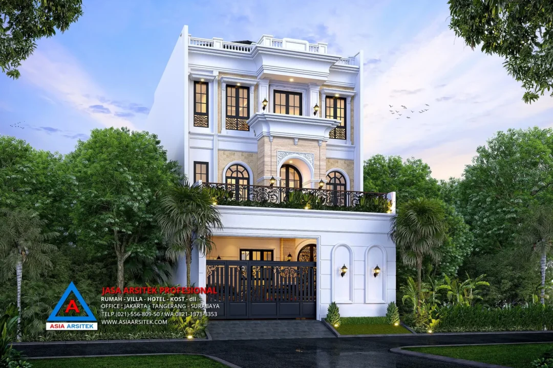 tampak depan Jasa Arsitek Desain Rumah Tropis 3 Lantai di Sunter Jakarta Utara, jasa desain rumah, jasa arsitek rumah, jasa desain interior, jasa desain rumah Sunter Jakarta Utara, jasa arsitek rumah Sunter Jakarta Utara, jasa arsitek Sunter Jakarta Utara