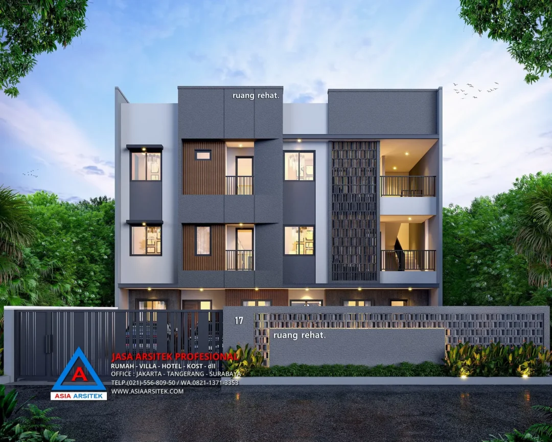 tampak depan Jasa Desain Rumah Kost 3 Lantai di Rembang Jawa Tengah, jasa desain rumah kost Rembang, jasa desain rumah kost, contoh desain kos kosan, contoh desain kos kosan minimalis, contoh desain kos kosan sederhana, contoh desain rumah kost, contoh desain rumah kost 2 lantai, desain bangunan kost minimalis, asia arsitek jasa arsitek desain rumah villa kost hotel, arsitek rumah kost,