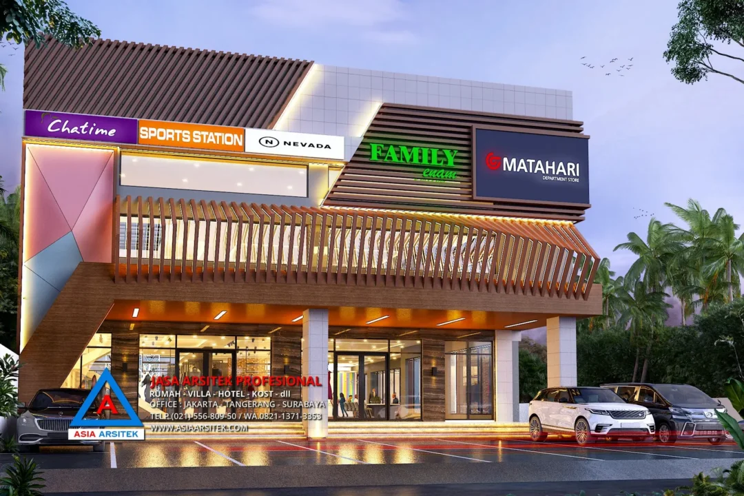 tampak depan Jasa Arsitek Desain Gedung Swalayan 2 Lantai di Kebumen Jawa Tengah, jasa desain rumah, jasa arsitek rumah, jasa desain interior, jasa desain rumah Kebumen, jasa arsitek rumah Kebumen, jasa arsitek Kebumen