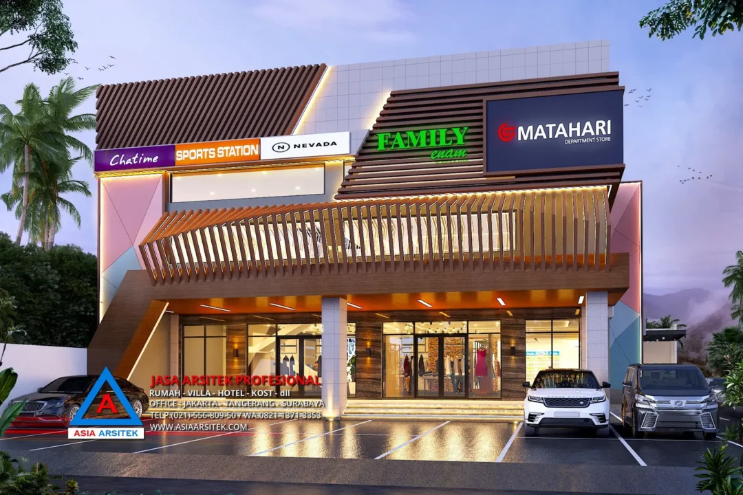 fasad Jasa Arsitek Desain Gedung Swalayan 2 Lantai di Kebumen Jawa Tengah, jasa desain rumah, jasa arsitek rumah, jasa desain interior, jasa desain rumah Kebumen, jasa arsitek rumah Kebumen, jasa arsitek Kebumen