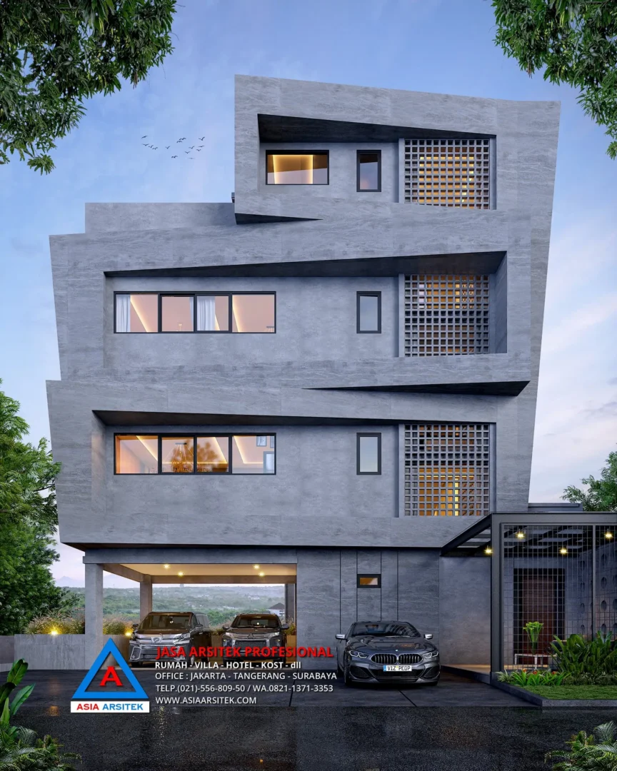 tampak depan Jasa Arsitek Desain Rumah Industrial 4 Lantai di Sentul City Bogor, jasa desain rumah, jasa arsitek rumah, jasa desain interior, jasa desain rumah Bogor, jasa arsitek rumah Bogor, jasa arsitek Bogor