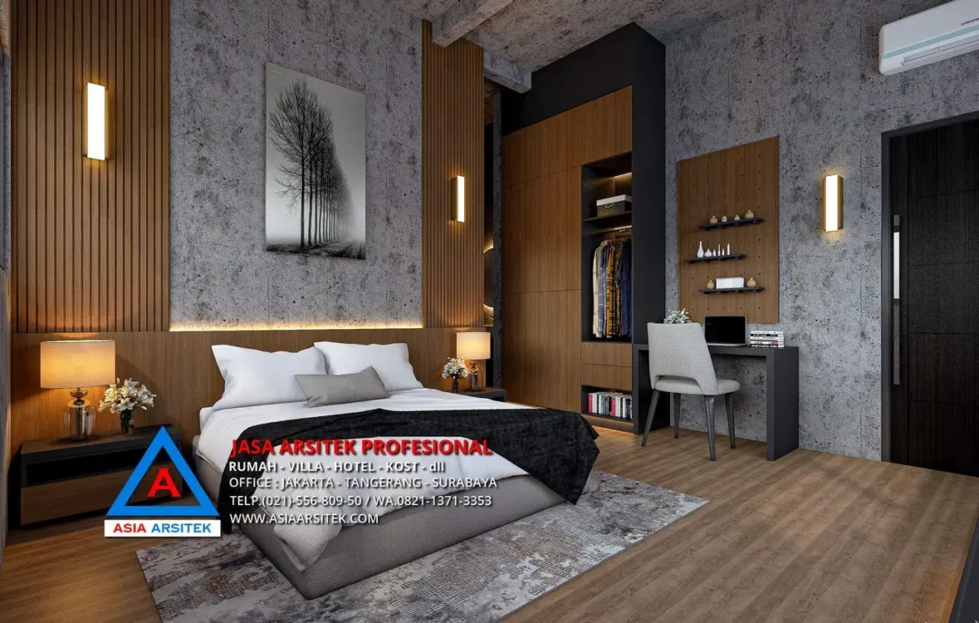 ruang tidur Jasa Arsitek Desain Rumah Industrial 4 Lantai di Sentul City Bogor, jasa desain rumah, jasa arsitek rumah, jasa desain interior, jasa desain rumah Bogor, jasa arsitek rumah Bogor, jasa arsitek Bogor