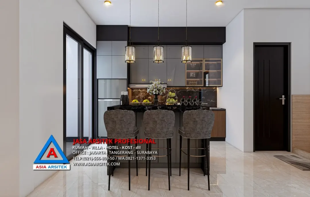 ruang dapur Jasa Arsitek Desain Rumah Minimalis 3 Lantai di Ilir Timur I Palembang, jasa desain rumah, jasa arsitek rumah, jasa desain interior, jasa desain rumah Palembang, jasa arsitek rumah Palembang, jasa arsitek Palembang