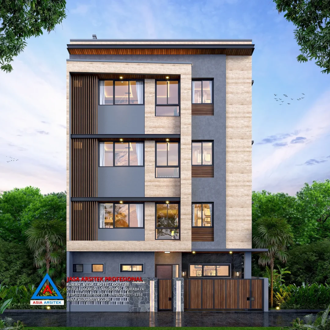 tampak depan Jasa Desain Rumah Kost 4 Lantai di Kukusan Beji Depok, jasa desain rumah kost, contoh desain kos kosan, contoh desain kos kosan minimalis, contoh desain kos kosan sederhana, contoh desain rumah kost, contoh desain rumah kost 2 lantai, desain bangunan kost minimalis, asia arsitek jasa arsitek desain rumah villa kost hotel, arsitek rumah kost,