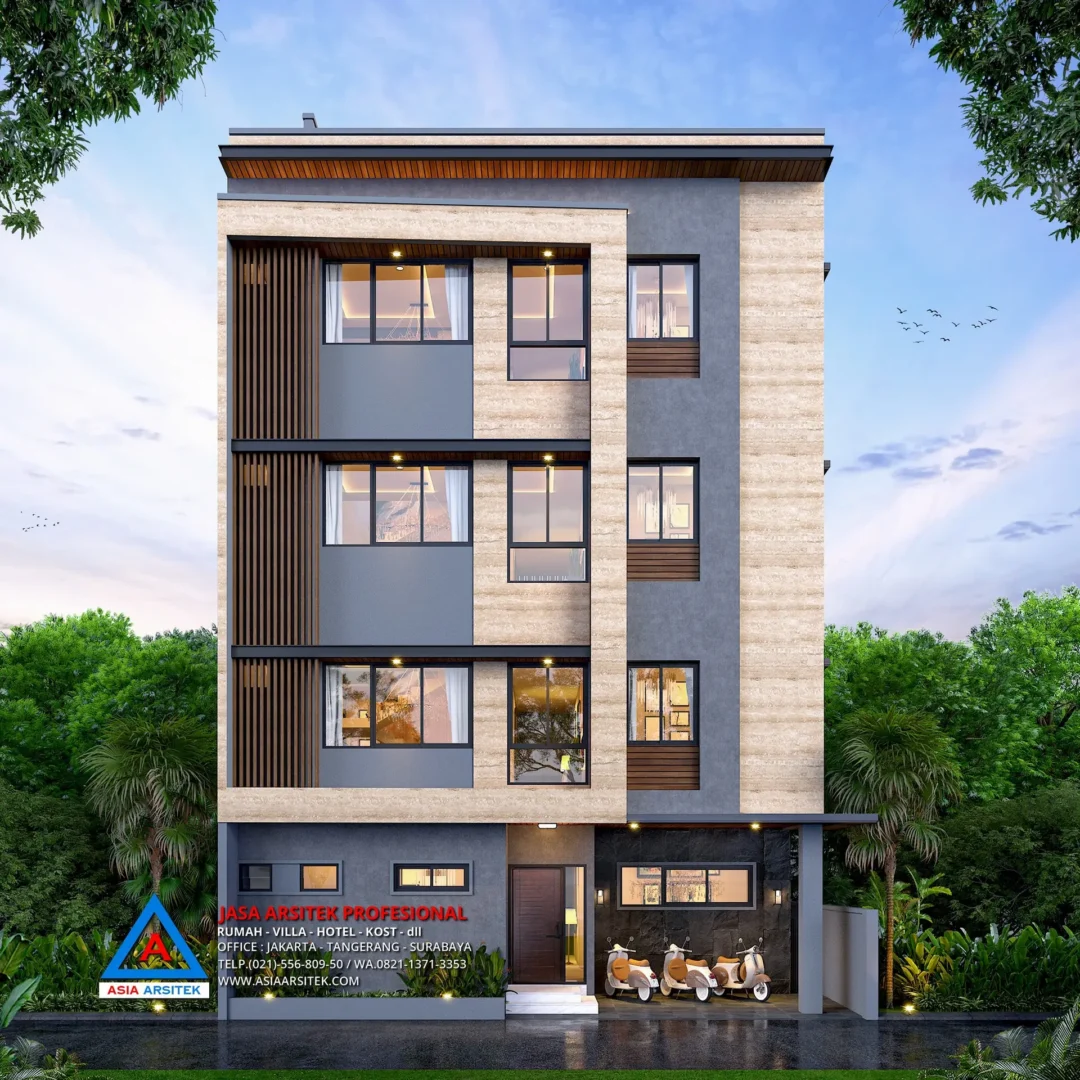 fasad Jasa Desain Rumah Kost 4 Lantai di Kukusan Beji Depok, jasa desain rumah kost, contoh desain kos kosan, contoh desain kos kosan minimalis, contoh desain kos kosan sederhana, contoh desain rumah kost, contoh desain rumah kost 2 lantai, desain bangunan kost minimalis, asia arsitek jasa arsitek desain rumah villa kost hotel, arsitek rumah kost,