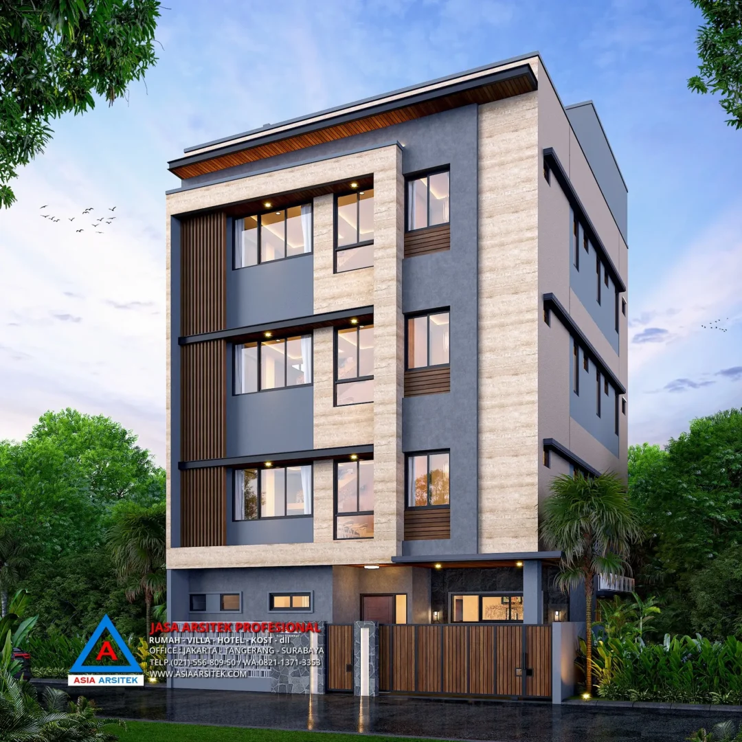 depan kanan Jasa Desain Rumah Kost 4 Lantai di Kukusan Beji Depok, jasa desain rumah kost, contoh desain kos kosan, contoh desain kos kosan minimalis, contoh desain kos kosan sederhana, contoh desain rumah kost, contoh desain rumah kost 2 lantai, desain bangunan kost minimalis, asia arsitek jasa arsitek desain rumah villa kost hotel, arsitek rumah kost,
