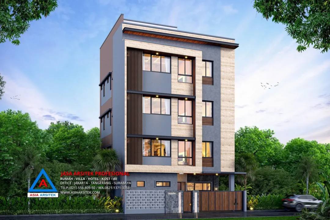 depan kiri Jasa Desain Rumah Kost 4 Lantai di Kukusan Beji Depok, jasa desain rumah kost, contoh desain kos kosan, contoh desain kos kosan minimalis, contoh desain kos kosan sederhana, contoh desain rumah kost, contoh desain rumah kost 2 lantai, desain bangunan kost minimalis, asia arsitek jasa arsitek desain rumah villa kost hotel, arsitek rumah kost,