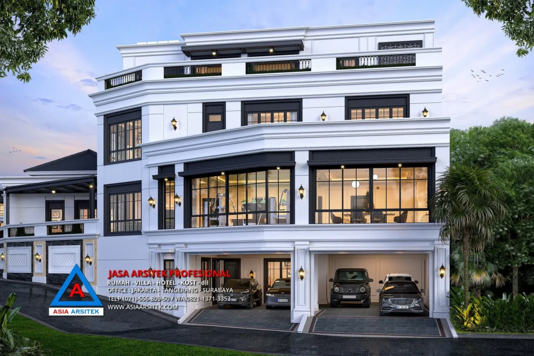 tampak depan Jasa Arsitek Desain Rumah Mewah Tropis 3 Lantai di Sentul City Bogor, jasa desain rumah, jasa arsitek rumah, jasa desain interior, jasa desain rumah Bogor, jasa arsitek rumah Bogor, jasa arsitek Bogor