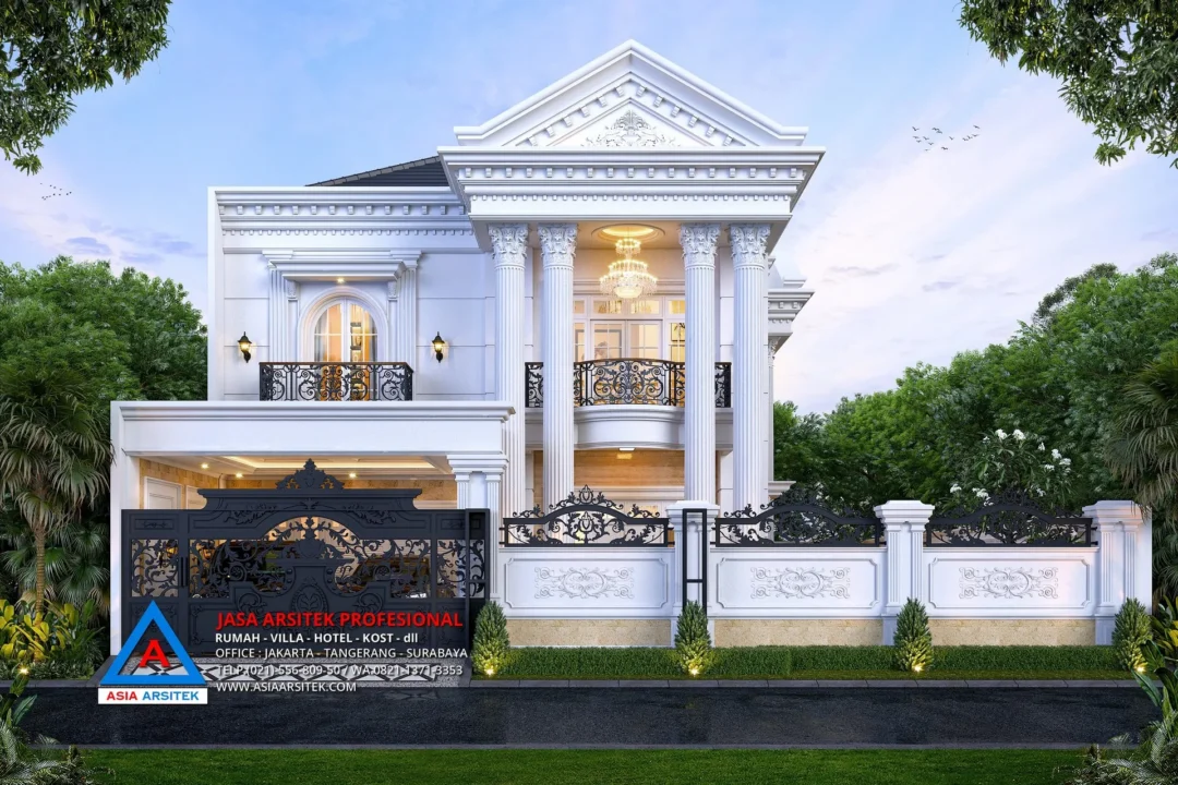 tampak depan Jasa Arsitek Desain Rumah Mewah Klasik 2 Lantai di Kelapa Dua Tangerang, jasa desain rumah, jasa arsitek rumah, jasa desain interior, jasa desain rumah Tangerang, jasa arsitek rumah Tangerang, jasa arsitek Tangerang
