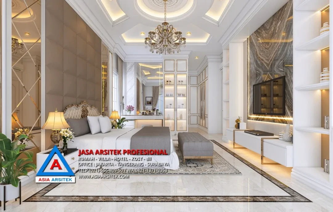 kamar tidur utama Jasa Arsitek Desain Rumah Mewah Klasik 2 Lantai di Kelapa Dua Tangerang, jasa desain rumah, jasa arsitek rumah, jasa desain interior, jasa desain rumah Tangerang, jasa arsitek rumah Tangerang, jasa arsitek Tangerang