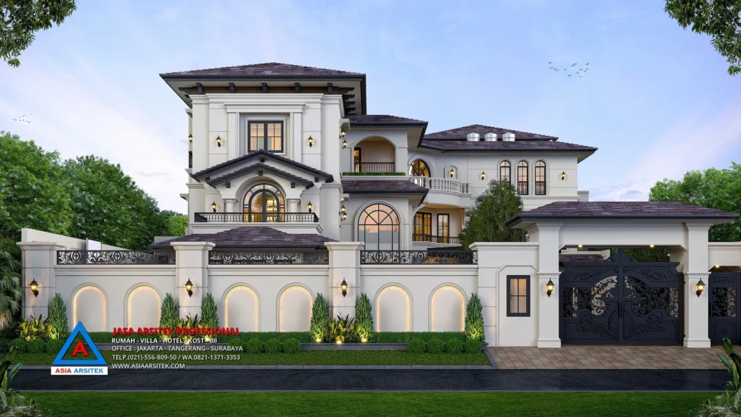 Tampak Depan Jasa Arsitek Desain Rumah Mewah Mediterania 3 Lantai di Tangerang, jasa desain rumah, jasa arsitek rumah, jasa desain interior, jasa desain rumah Tangerang, jasa arsitek rumah Tangerang, jasa arsitek Tangerang