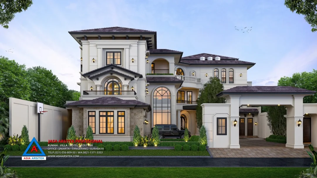 fasad Jasa Arsitek Desain Rumah Mewah Mediterania 3 Lantai di Tangerang, jasa desain rumah, jasa arsitek rumah, jasa desain interior, jasa desain rumah Tangerang, jasa arsitek rumah Tangerang, jasa arsitek Tangerang