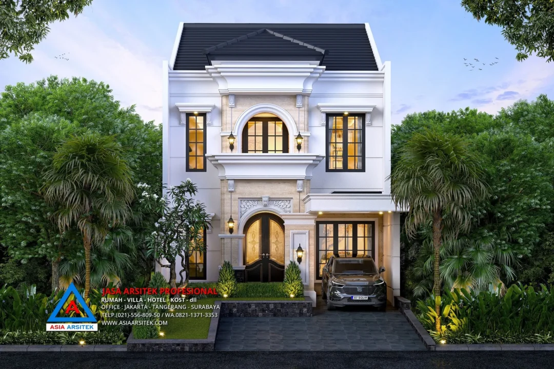 fasad Jasa Arsitek Desain Rumah Mewah Tropis 2 Lantai di Pondok Bambu Jakarta Timur, jasa desain rumah, jasa arsitek rumah, jasa desain interior, jasa desain rumah Jakarta Timur, jasa arsitek rumah Jakarta Timur, jasa arsitek Jakarta Timur