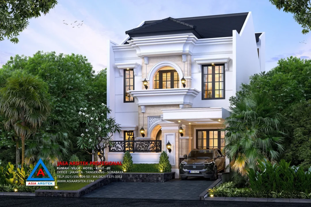 tampak depan Jasa Arsitek Desain Rumah Mewah Tropis 2 Lantai di Pondok Bambu Jakarta Timur, jasa desain rumah, jasa arsitek rumah, jasa desain interior, jasa desain rumah Jakarta Timur, jasa arsitek rumah Jakarta Timur, jasa arsitek Jakarta Timur