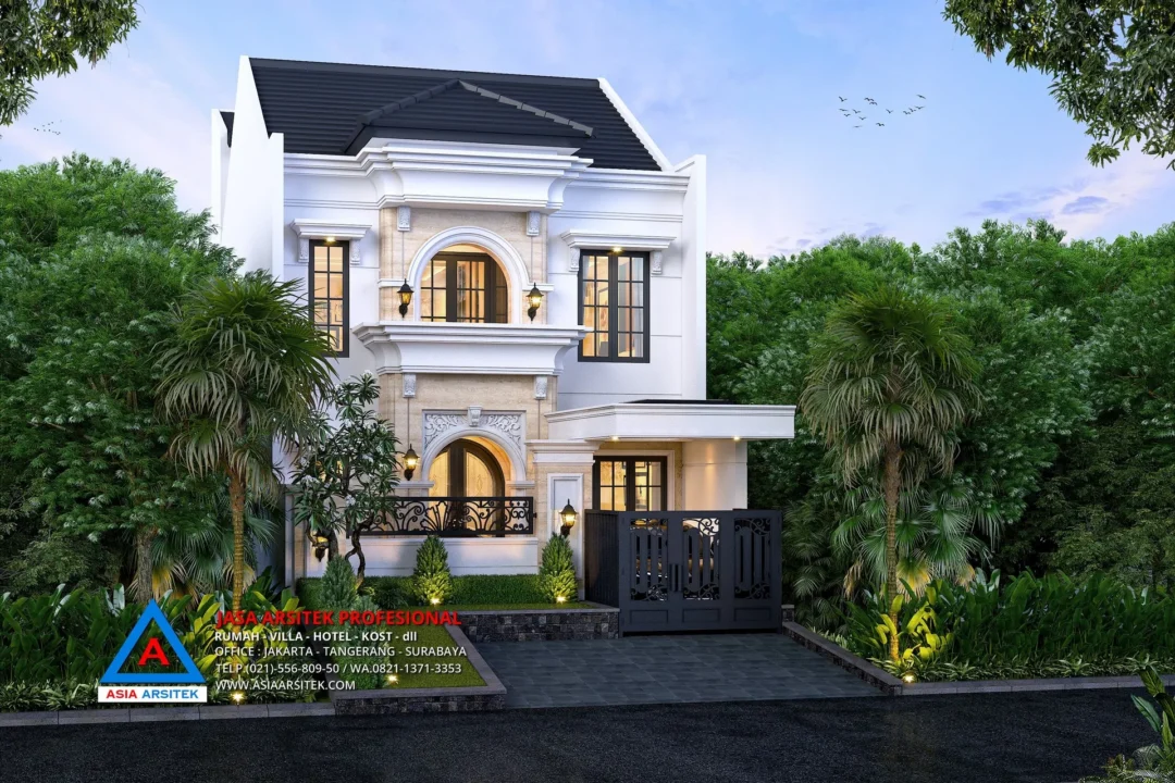 view depan Jasa Arsitek Desain Rumah Mewah Tropis 2 Lantai di Pondok Bambu Jakarta Timur, jasa desain rumah, jasa arsitek rumah, jasa desain interior, jasa desain rumah Jakarta Timur, jasa arsitek rumah Jakarta Timur, jasa arsitek Jakarta Timur