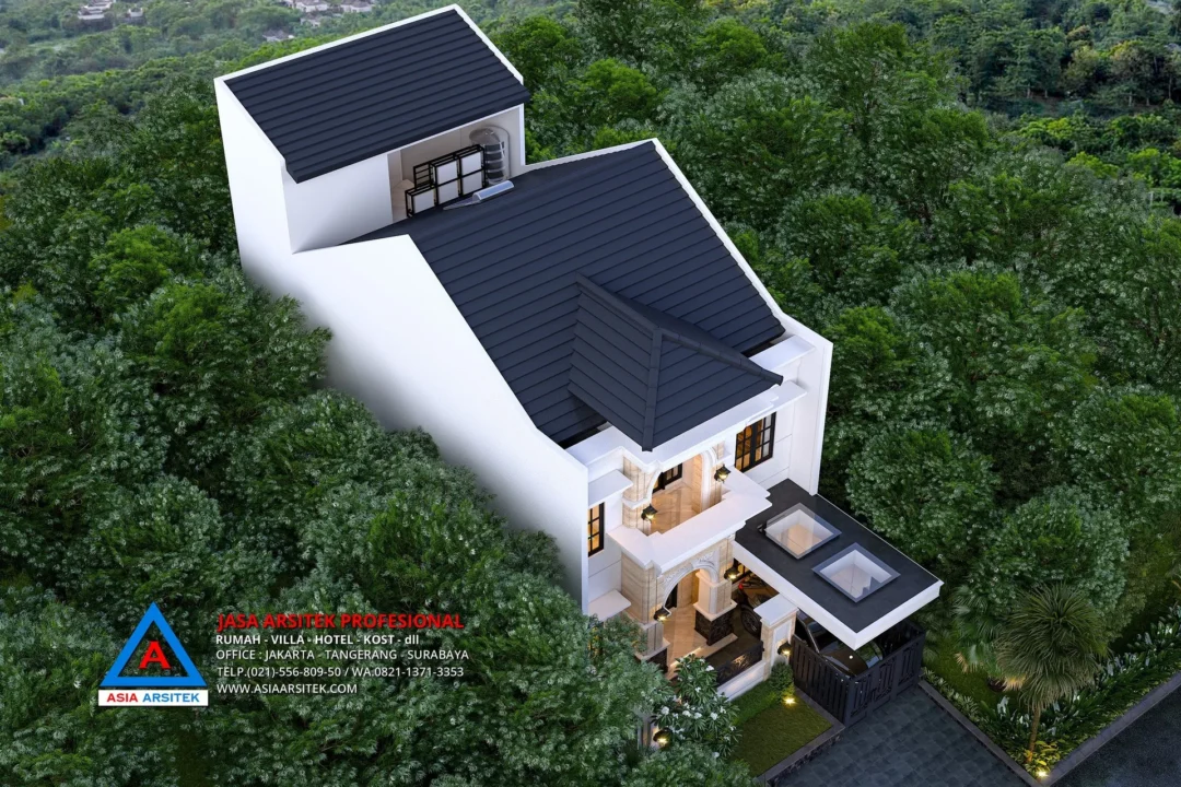 tampak atas Jasa Arsitek Desain Rumah Mewah Tropis 2 Lantai di Pondok Bambu Jakarta Timur, jasa desain rumah, jasa arsitek rumah, jasa desain interior, jasa desain rumah Jakarta Timur, jasa arsitek rumah Jakarta Timur, jasa arsitek Jakarta Timur