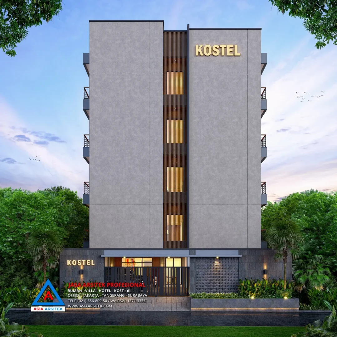 Tampak Depan Jasa Arsitek Desain Kost Kosan 5 Lantai di Cilandak Barat Jakarta Selatan, jasa desain rumah kost, contoh desain kos kosan, contoh desain kos kosan minimalis, contoh desain kos kosan sederhana, contoh desain rumah kost, contoh desain rumah kost 2 lantai, desain bangunan kost minimalis, asia arsitek jasa arsitek desain rumah villa kost hotel, arsitek rumah kost,