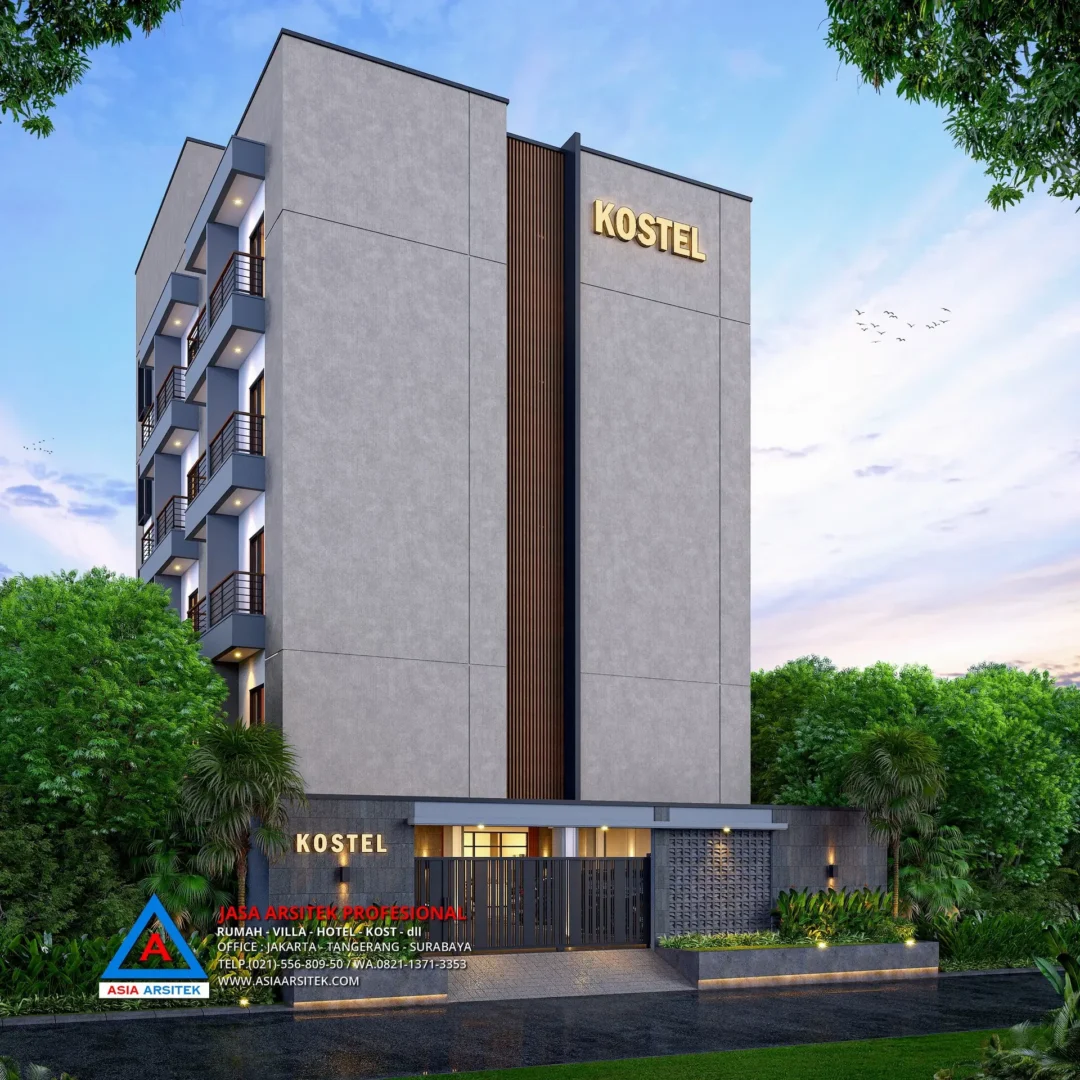 Fasad Depan Jasa Arsitek Desain Kost Kosan 5 Lantai di Cilandak Barat Jakarta Selatan, jasa desain rumah kost, contoh desain kos kosan, contoh desain kos kosan minimalis, contoh desain kos kosan sederhana, contoh desain rumah kost, contoh desain rumah kost 2 lantai, desain bangunan kost minimalis, asia arsitek jasa arsitek desain rumah villa kost hotel, arsitek rumah kost,