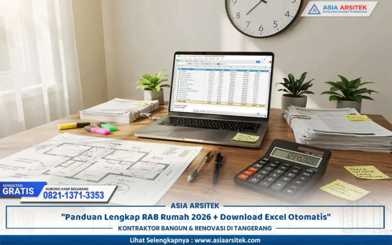proses perencanaan RAB rumah 2026 menggunakan laptop dan dokumen konstruksi