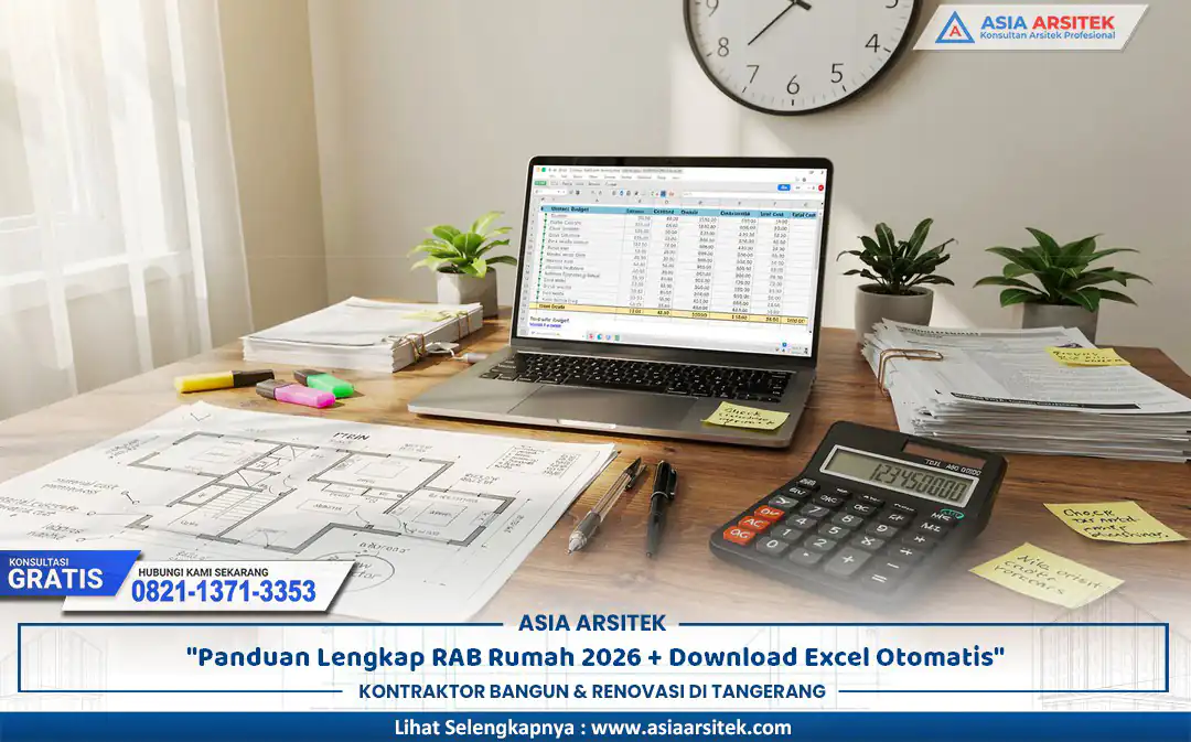 proses perencanaan RAB rumah 2026 menggunakan laptop dan dokumen konstruksi