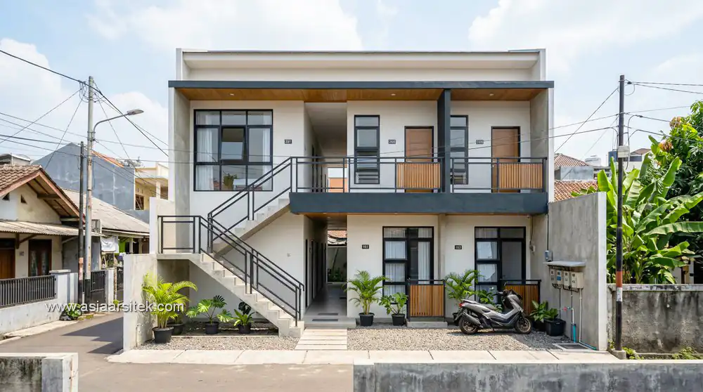 desain kost 6 kamar minimalis dua lantai dengan fasad modern dan tata ruang efisien